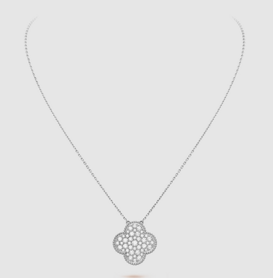 [Auream]CLOVER 25MM LARGE PENDANT DIAMOND PAVED SILVER NECKLACE