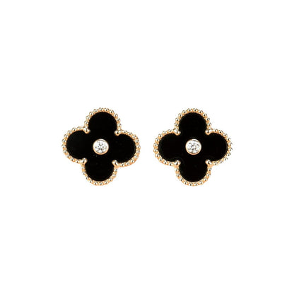 [Auream]CLOVER MEDIUM 1 MOTIFS ONYX DIAMOND EARRINGS