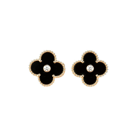 [Auream]CLOVER MEDIUM 1 MOTIFS ONYX DIAMOND EARRINGS