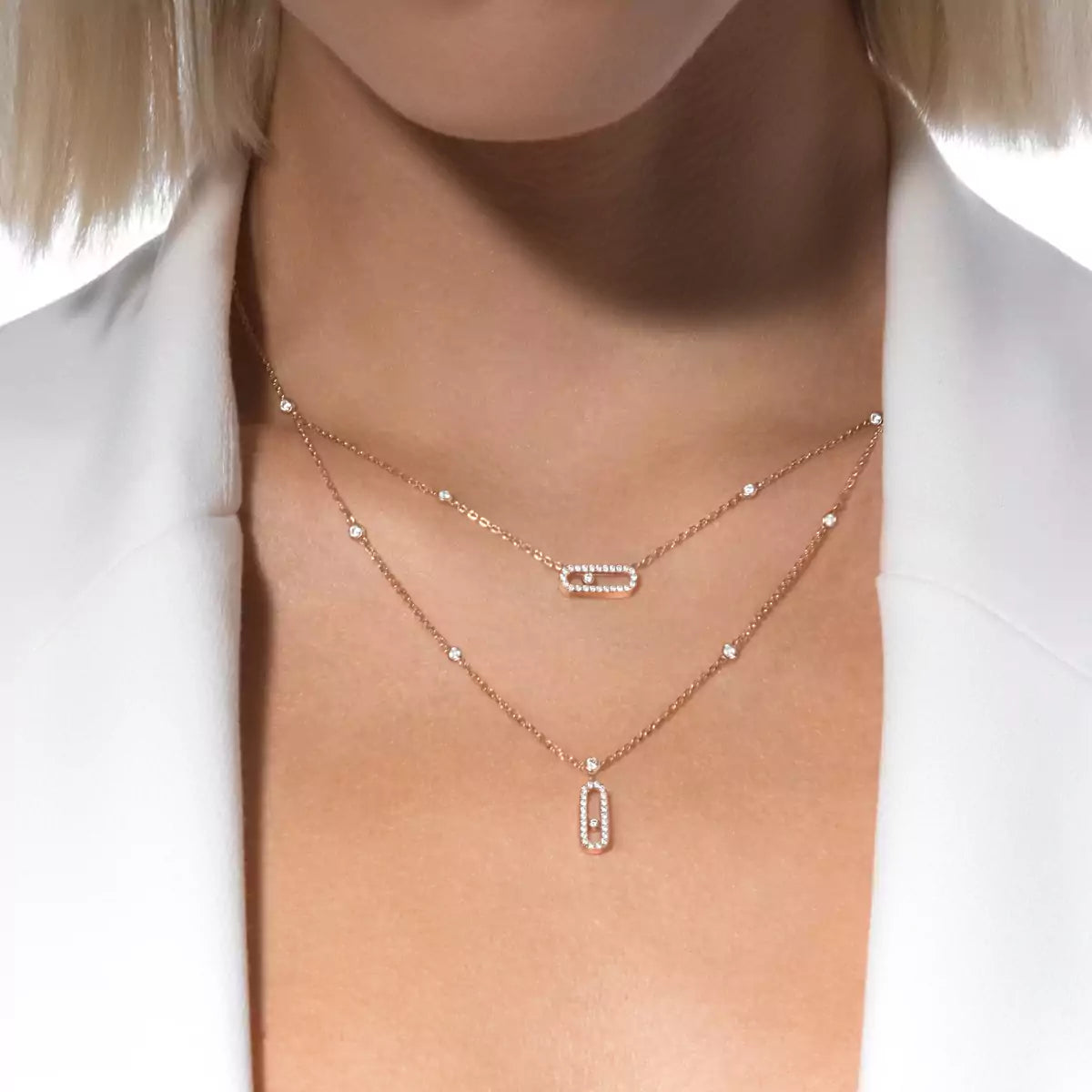 [Auream]2 Rows Rose Gold Diamond Pave_ Necklace Move Uno