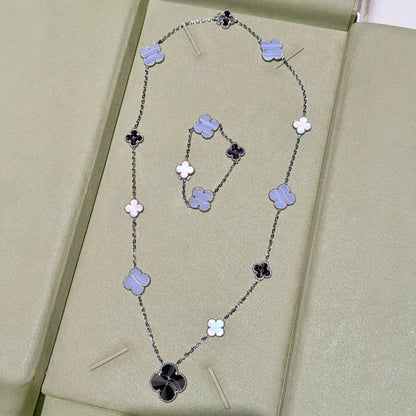 [Auream]DETACHABLE CLOVER 15(11+4) FLOWER SILVER NECKLACE SET