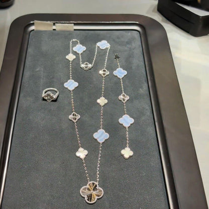 [Auream]DETACHABLE CLOVER 15(11+4) FLOWER SILVER NECKLACE SET