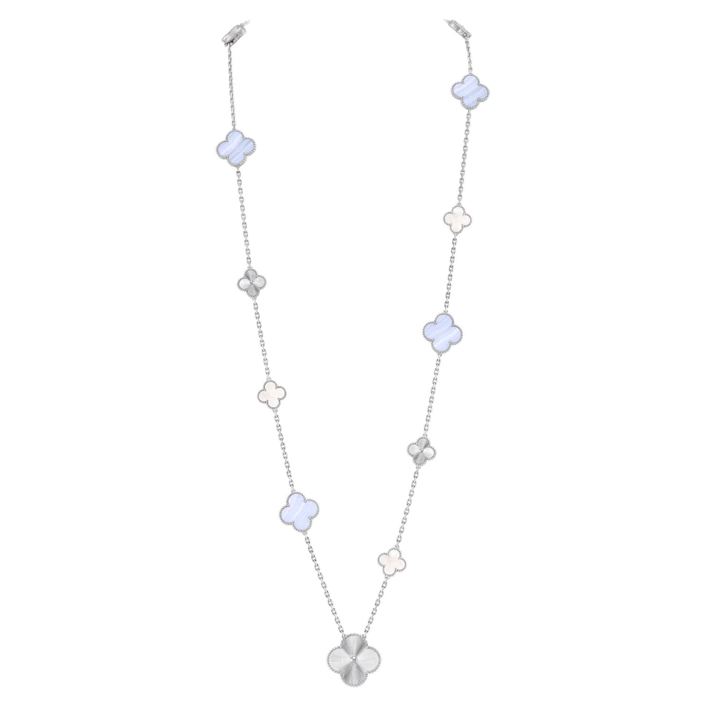 [Auream]DETACHABLE CLOVER 15(11+4) FLOWER SILVER NECKLACE SET