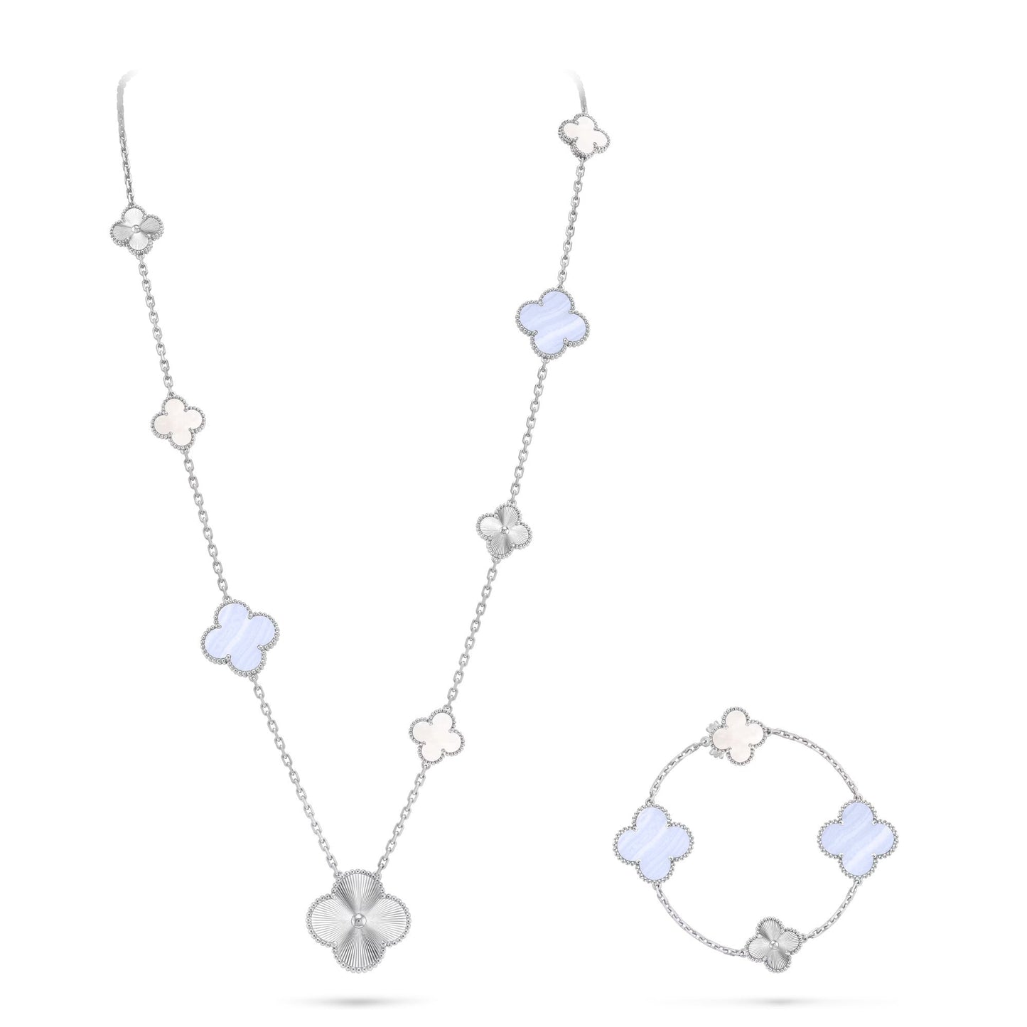 [Auream]DETACHABLE CLOVER 15(11+4) FLOWER SILVER NECKLACE SET