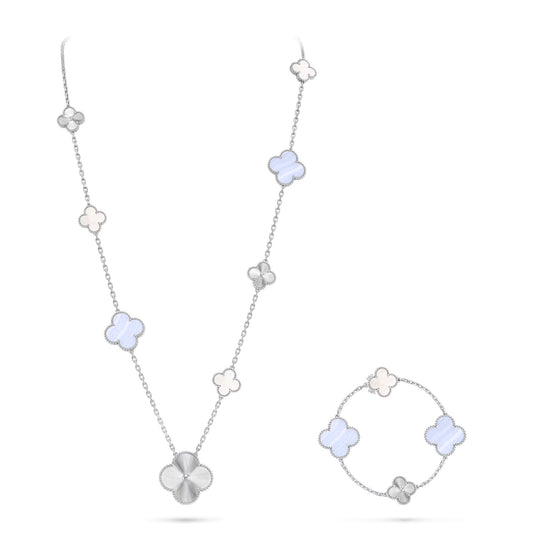 [Auream]DETACHABLE CLOVER 15(11+4) FLOWER SILVER NECKLACE SET