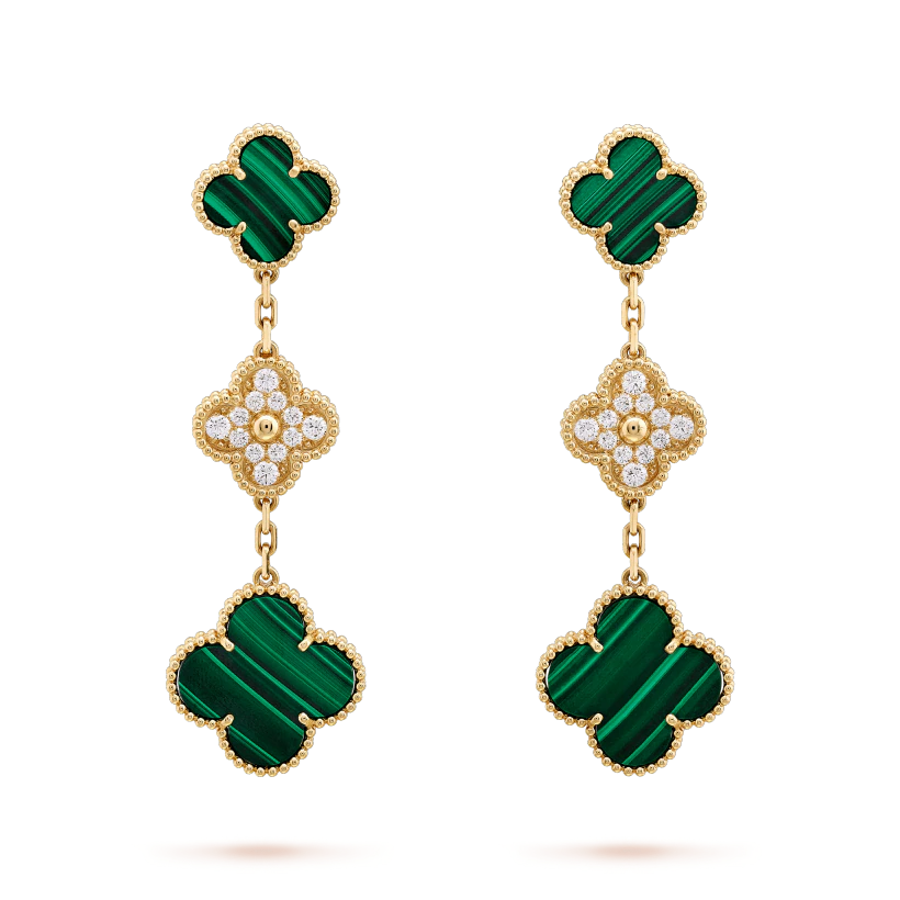 [Auream]CLOVER EARRINGS GOLD MALACHITE DIAMOND 3 MOTIF