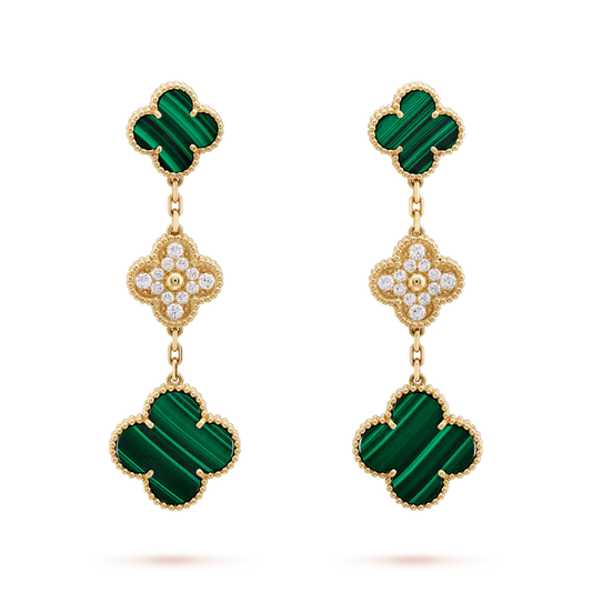 [Auream]CLOVER EARRINGS GOLD MALACHITE DIAMOND 3 MOTIF