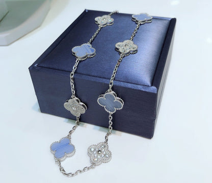 [Auream]CLOVER 10 MOTIFS CHALCEDONY DIAMONDS SILVER NECKLACE