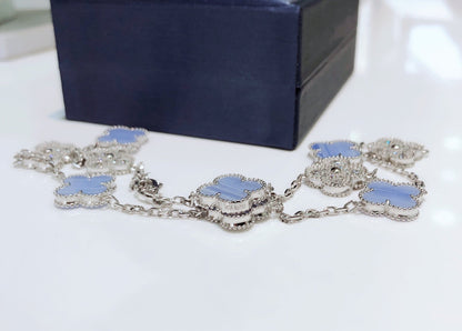 [Auream]CLOVER 10 MOTIFS CHALCEDONY DIAMONDS SILVER NECKLACE
